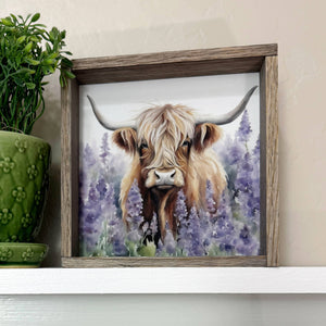 Highland Cow Lavender Fields - Springtime Highland Cow: 11x11" Small Canvas Art with Wood Box Frame