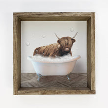 Highland Cow Bathtub Sign - Funny Farmhouse Bathroom Art: 11x11" Small Canvas Art with Wood Box Frame
