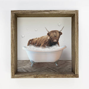 Highland Cow Bathtub Sign - Funny Farmhouse Bathroom Art: 11x11" Small Canvas Art with Wood Box Frame