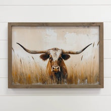 Long Horn Cow Texas Grass - Long Horn Cow Canvas Art - Frame: 12x18" Medium Canvas Art with Thick Wood Frame