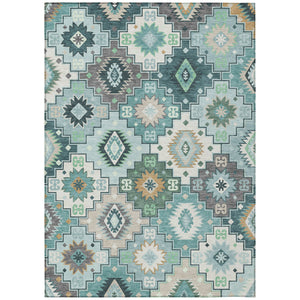3' X 5' Teal Blue Beige And Ivory Southwestern Area Rug