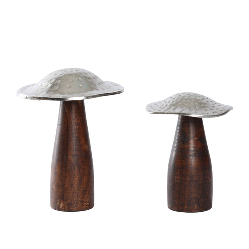 Set of 2 Silver Metal and Wooden Mushroom