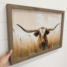 Long Horn Cow Texas Grass - Long Horn Cow Canvas Art - Frame: 12x18" Medium Canvas Art with Thick Wood Frame