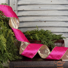 57R1263- Velvet Wired Ribbon-2.5inx10YD-Fusia Pink/Gold Wire