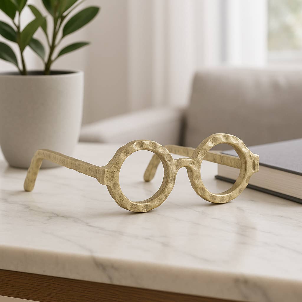 Metal Abstract Eyeglasses Sculpture Home Decor - Gold, 3 in.