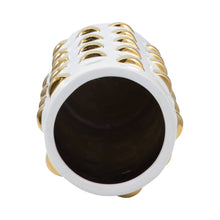 Vase - White/Gold Ceramic Raised Rectangular Stud, 11 in.