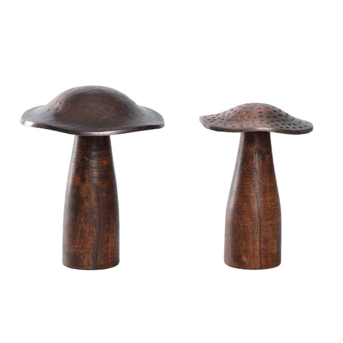 Set of 2 Bronze Metal and Wooden Mushroom