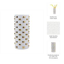 Vase - White/Gold Ceramic Raised Rectangular Stud, 11 in.