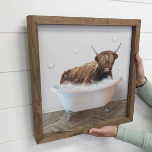 Highland Cow Bathtub Sign - Funny Farmhouse Bathroom Art: 11x11" Small Canvas Art with Wood Box Frame