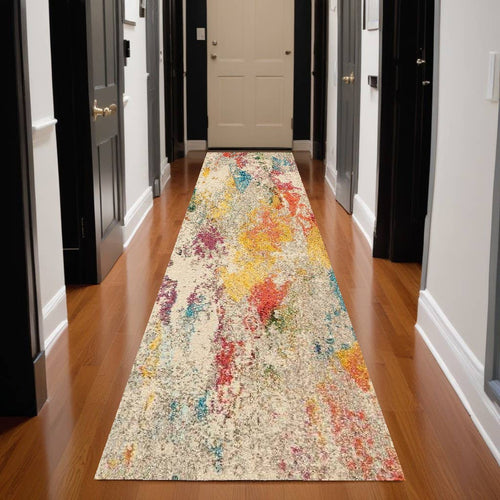 10' Runner Ivory Abstract Power Loom Runner Rug
