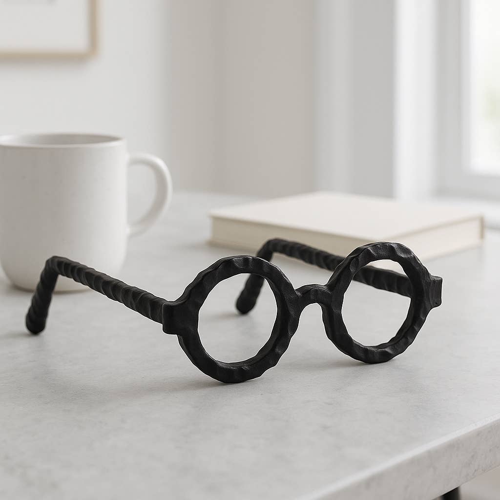 Aluminum Glam Round Glasses Sculpture - Black, 7 in.