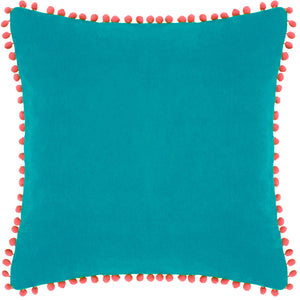 Velvet Pompom Cushion Teal/Coral: Teal/Coral / Polyester Filled / 45 x 45cm