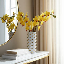 Vase - White/Gold Ceramic Raised Rectangular Stud, 11 in.