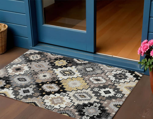 3' X 5' Black Wheat And Gray Southwestern Washable Area Rug