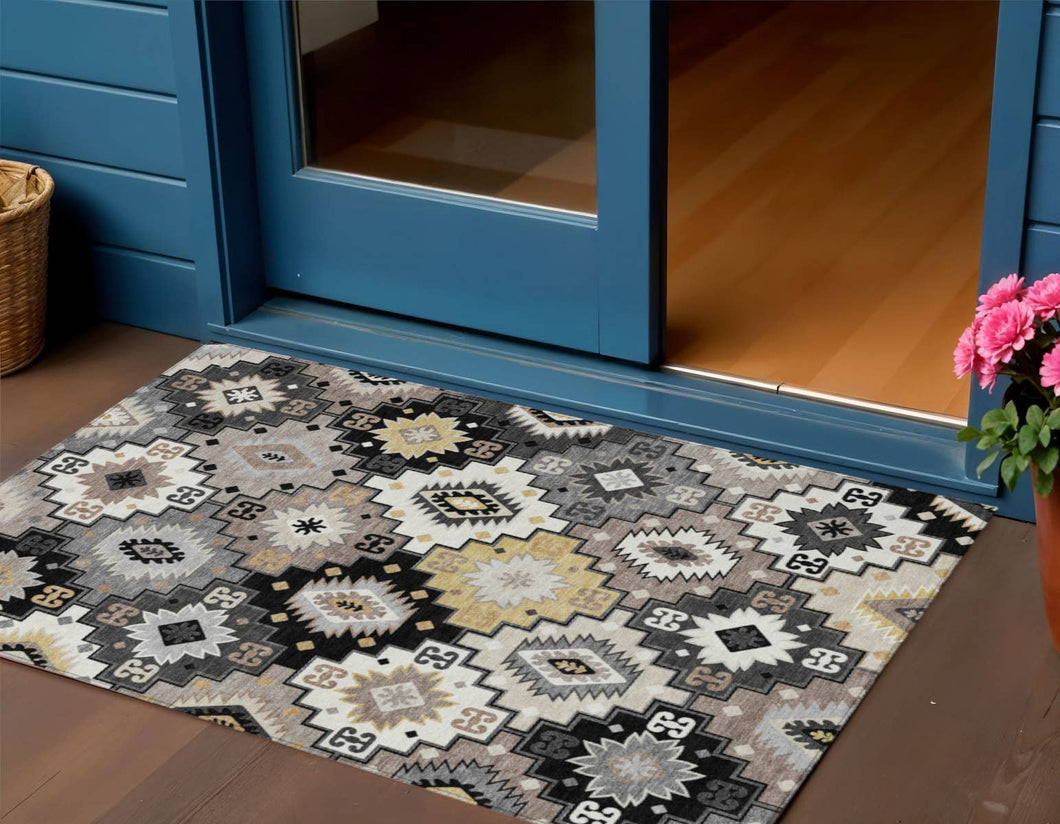 3' X 5' Black Wheat And Gray Southwestern Washable Area Rug