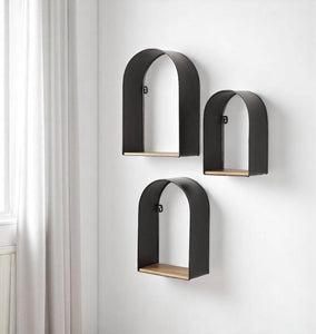 Set Of 3 Black And Brown Arched Wall Mounted Accent Shelf