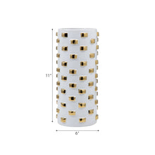 Vase - White/Gold Ceramic Raised Rectangular Stud, 11 in.