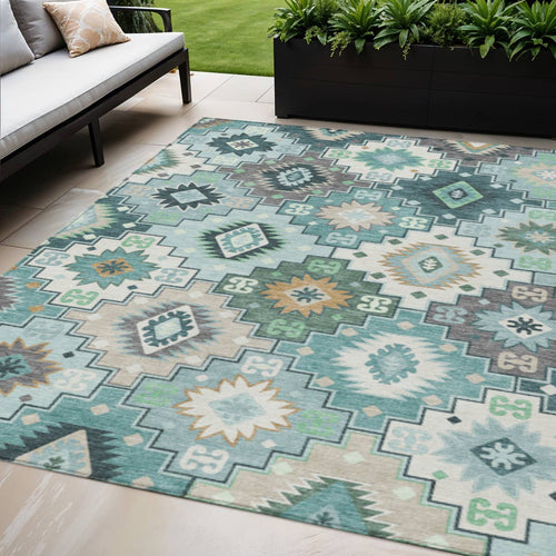 5' X 8' Teal Blue Beige And Ivory Southwestern Area Rug