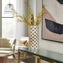 Vase - White/Gold Ceramic Raised Rectangular Stud, 11 in.