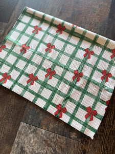 Waffle Dish Towel - Green Plaid w/ Red Christmas Bow