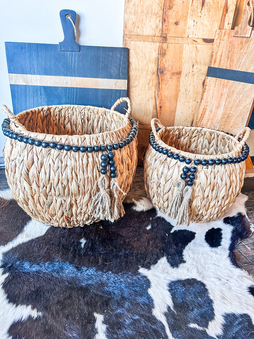 Black bead woven baskets