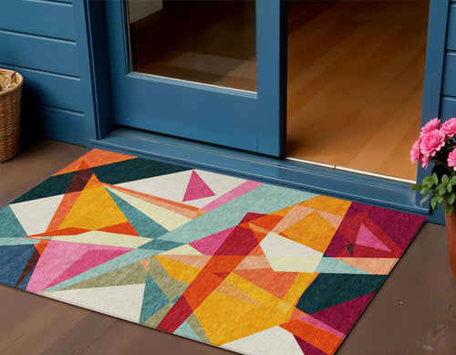 3' X 5' Ivory Orange Yellow Teal Blue And Burgundy Area Rug