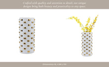 Vase - White/Gold Ceramic Raised Rectangular Stud, 11 in.