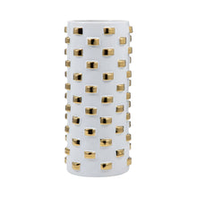 Vase - White/Gold Ceramic Raised Rectangular Stud, 11 in.
