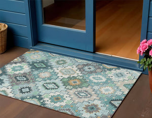 3' X 5' Teal Blue Beige And Ivory Southwestern Area Rug