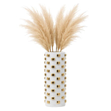 Vase - White/Gold Ceramic Raised Rectangular Stud, 11 in.