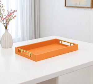 16" Orange And Gold Faux Shagreen Serving Tray With Handles