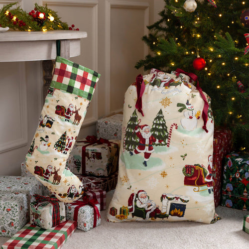 Jolly Santa Printed Velvet Xmas Stocking + Sack Multicolour: Multicolour / One Size