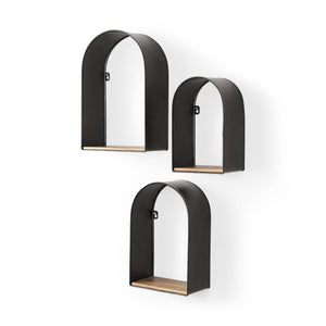 Set Of 3 Black And Brown Arched Wall Mounted Accent Shelf