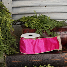 57R1263- Velvet Wired Ribbon-2.5inx10YD-Fusia Pink/Gold Wire