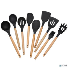 9 Piece Colored Silicone Kitchen Utensils Set - Wood Handles: Black