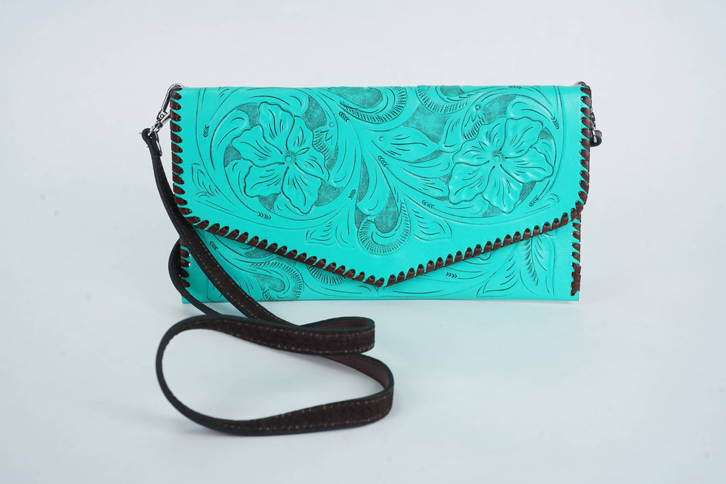 Leather Clutch-Cross Body-Tooled-Borssa-A-15-Turquoise